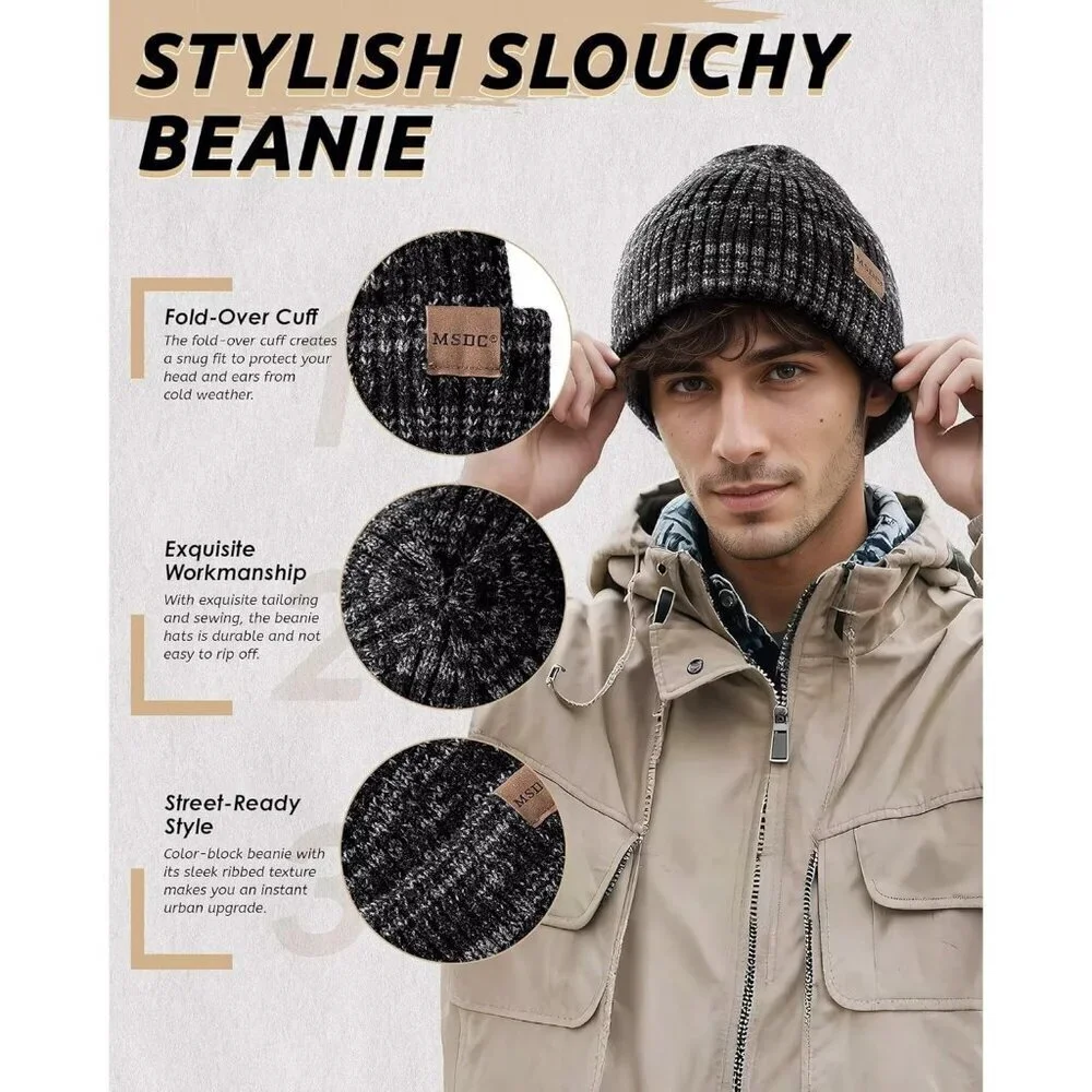 Unisex Mix Black Beige Warm Fleece-Lined Knit Beanie Skull Cap for Cold Weather - Picture 5 of 7